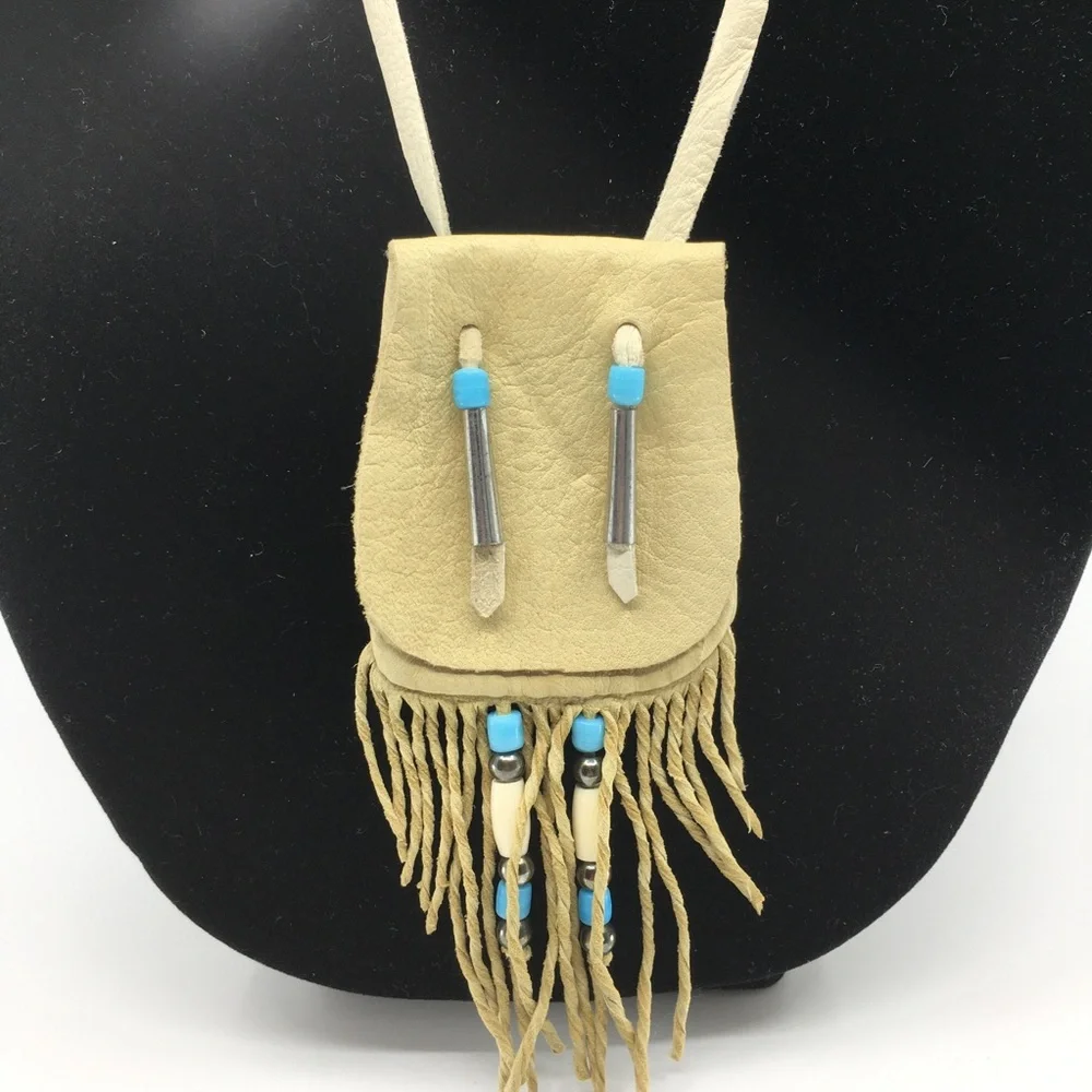 Leather Medicine Bag Necklace Pouch Beaded Fringe Boho Gypsy Handmade Tan Tribal